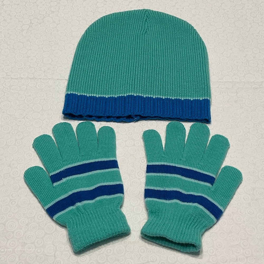 Kids Teal and Blue Knit Hat and Gloves Set